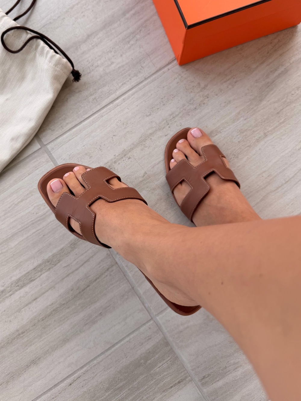 HERMES Oran Brown Leather Slide Sandals